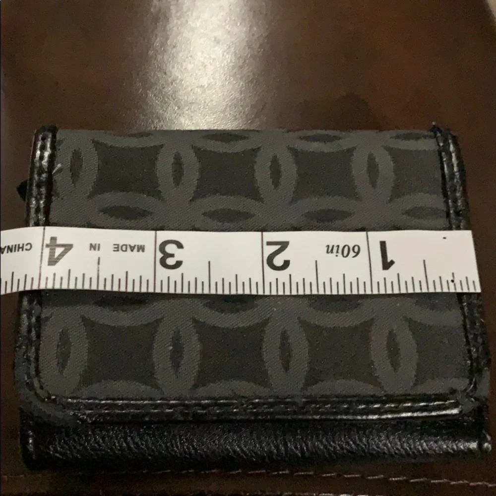 Black faux leather wallet w/fabric on front